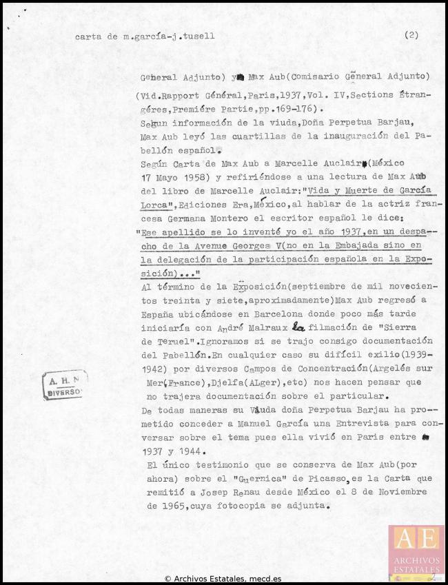 Carta de Manuel García y García a Javier Tusell del 23 de junio de 1981