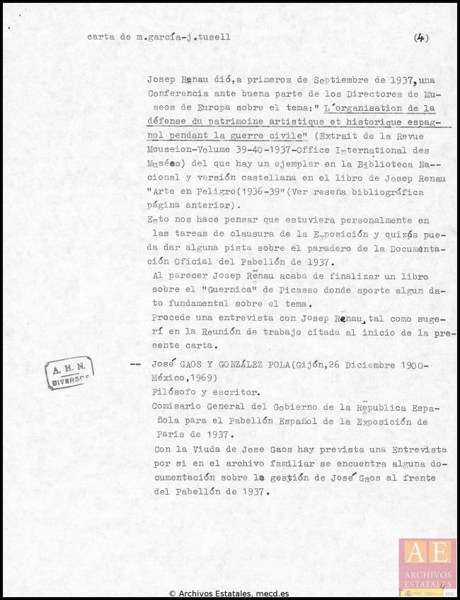 Carta de Manuel García y García a Javier Tusell del 23 de junio de 1981