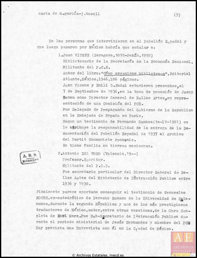 Carta de Manuel García y García a Javier Tusell del 23 de junio de 1981