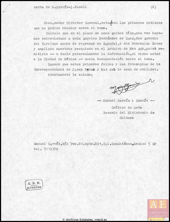 Carta de Manuel García y García a Javier Tusell del 23 de junio de 1981