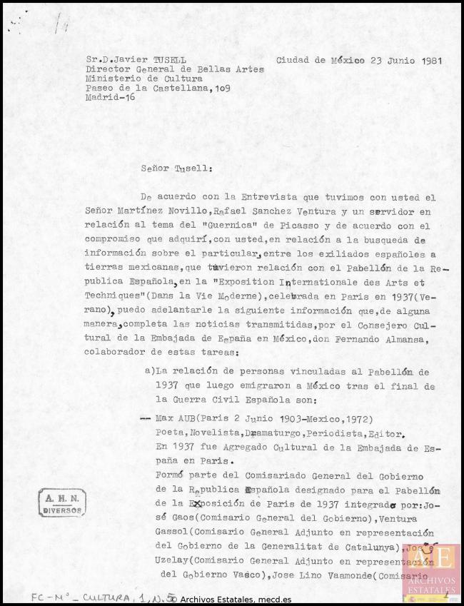 Carta de Manuel García y García a Javier Tusell del 23 de junio de 1981