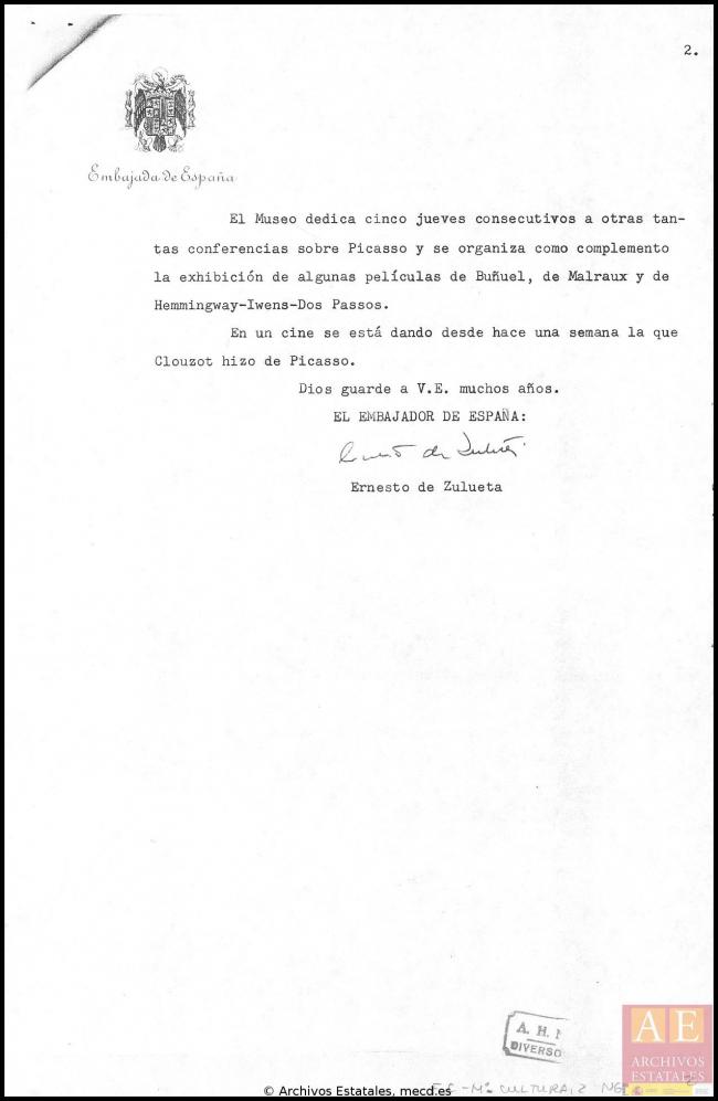 Carta de Ernesto de Zulueta a Alberto Martín-Artajo Álvarez