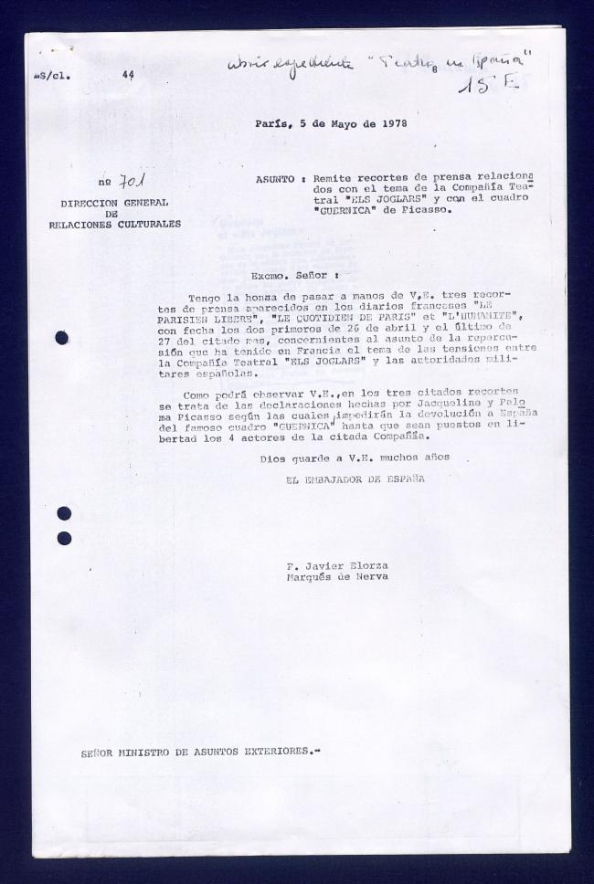 EN Carta de Javier Elorza a la Dirección General de Relaciones Culturales