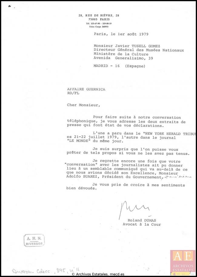 Carta Roland Dumas a Javier Tusell