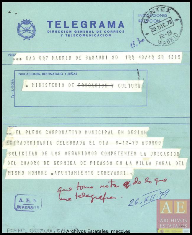 Telegrama del ayuntamiento de Etxebarri al Ministerio de Cultura