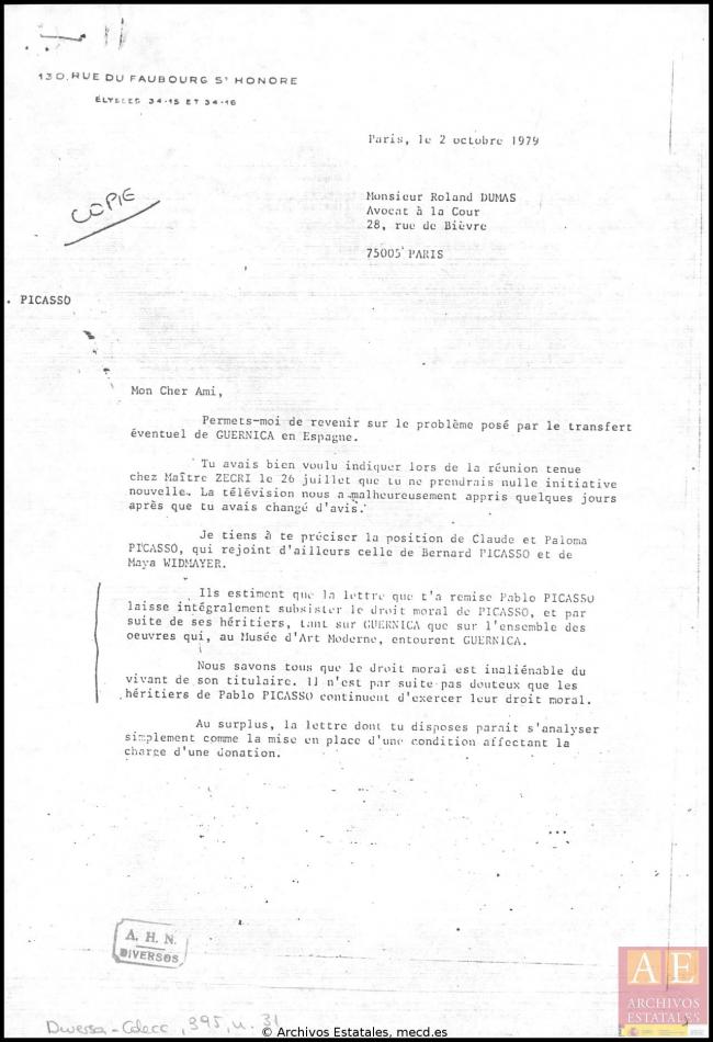 Carta de Jean-Denis Bredin a Roland Dumas