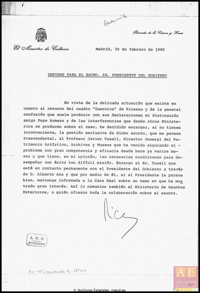 Carta Ricardo de la Cierva Hoces a Adolfo Suárez 