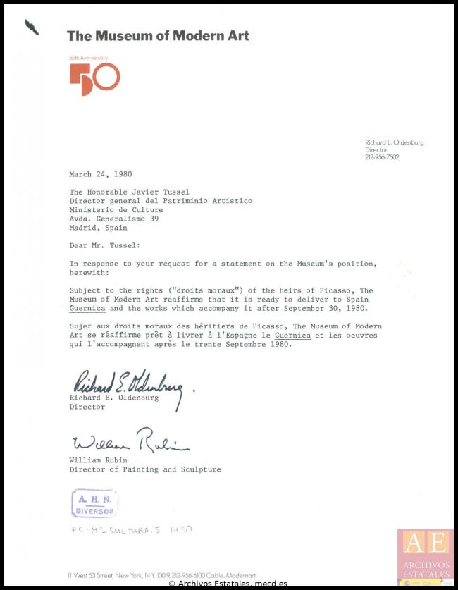 Carta de Richard Oldenburg y William Rubin a Javier Tusell