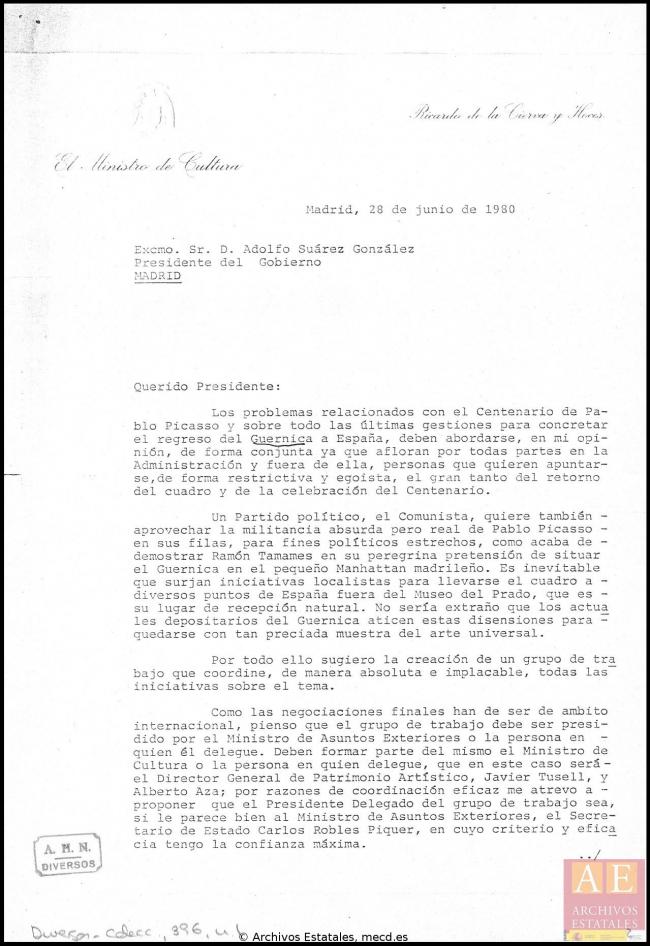 Carta de Ricardo de la Cierva Hoces a Javier Tusell