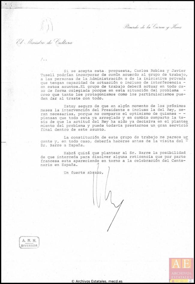 Carta de Ricardo de la Cierva Hoces a Javier Tusell