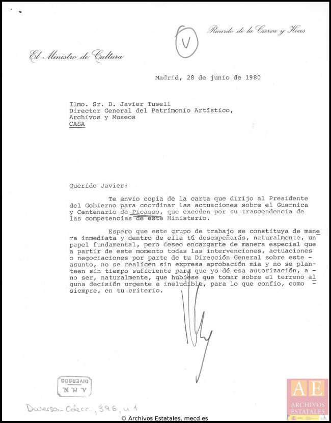 Carta de Ricardo de la Cierva Hoces a Javier Tusell