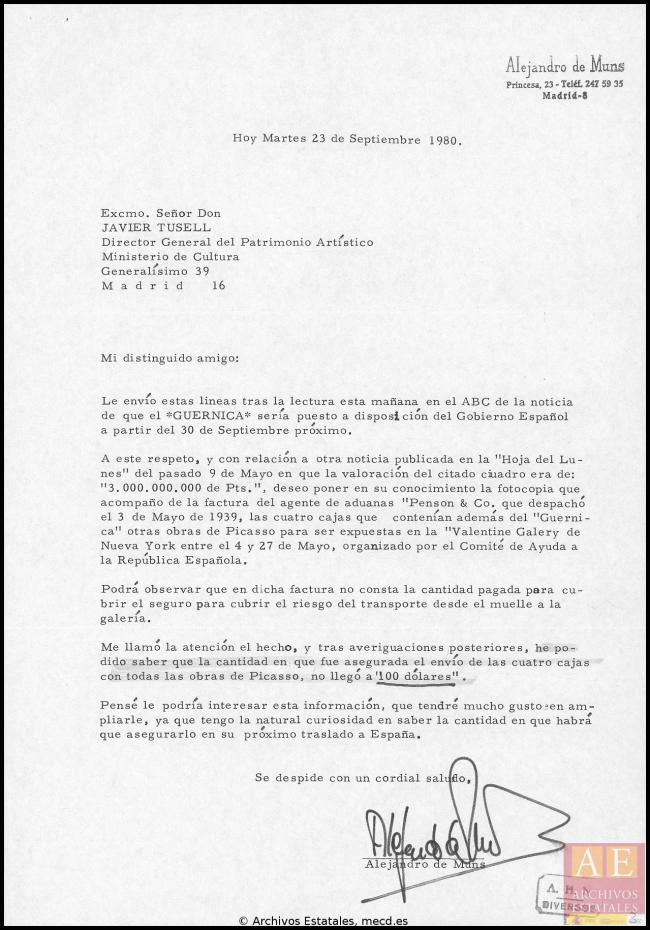 Carta de Alejandro de Muns a Javier Tusell y respuesta