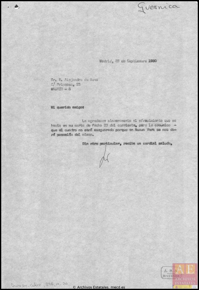 Carta de Alejandro de Muns a Javier Tusell y respuesta