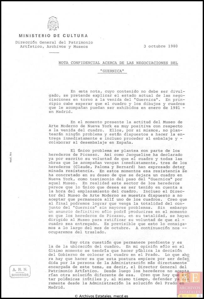 Nota confidencial del Ministerio de Cultura acerca de las negociaciones de Guernica