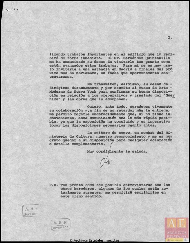 Carta de Javier Tusell a Claude Picasso