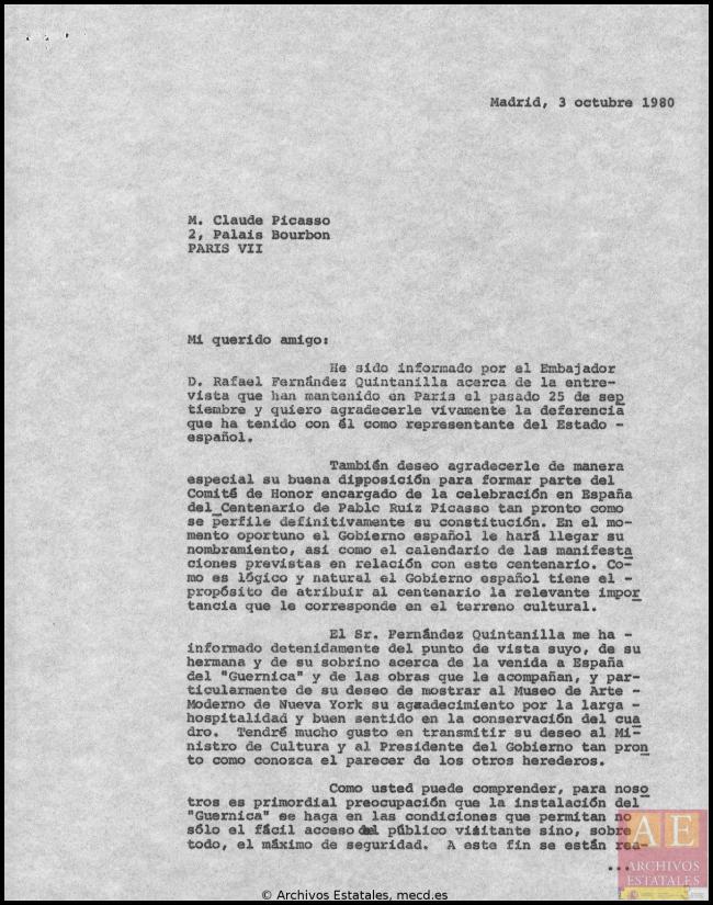 Carta de Javier Tusell a Claude Picasso