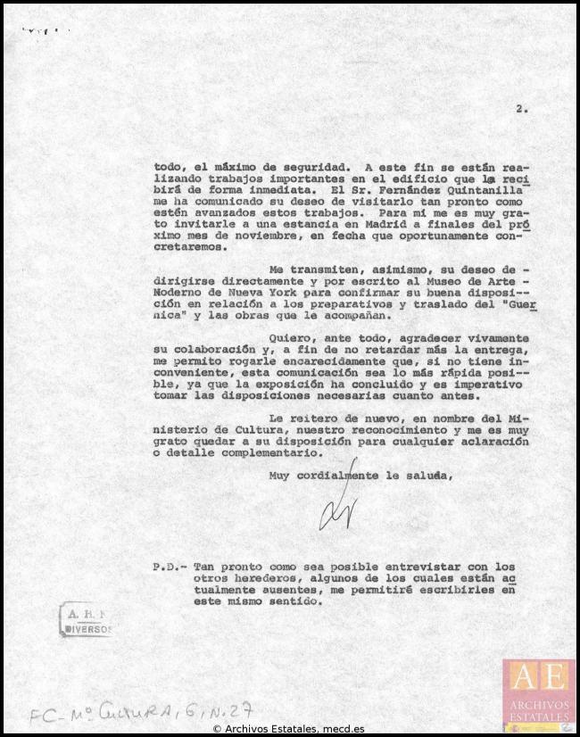 Carta de Javier Tusell a Paloma Picasso