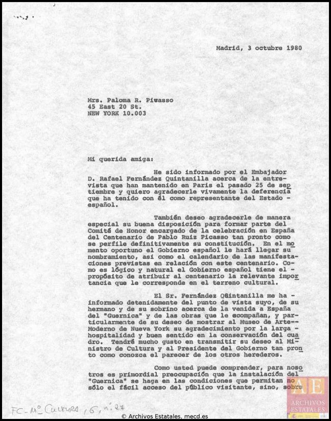Carta de Javier Tusell a Paloma Picasso