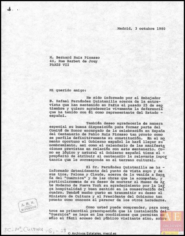 Carta de Javier Tusell a Bernard Ruiz-Picasso