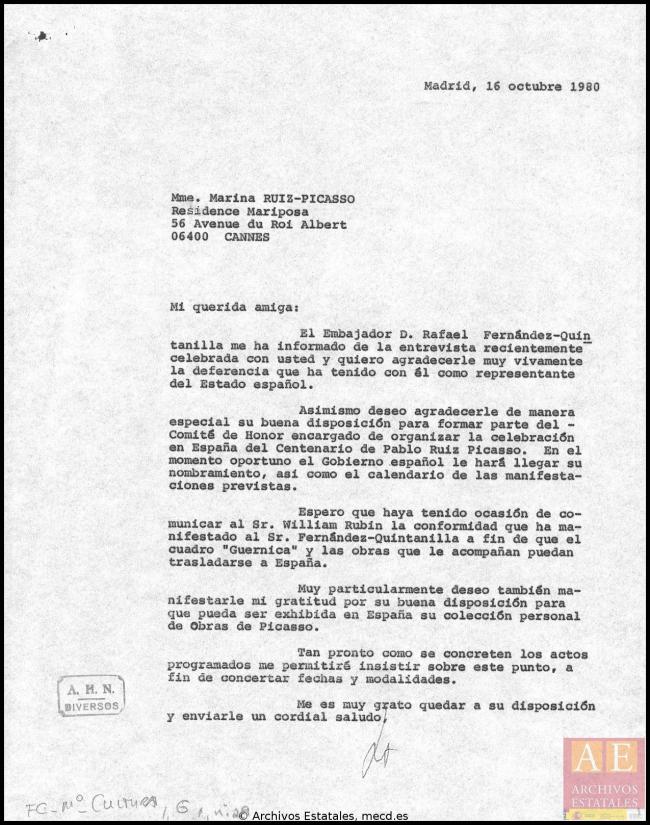 Carta de Javier Tusell a Marina Ruiz-Picasso