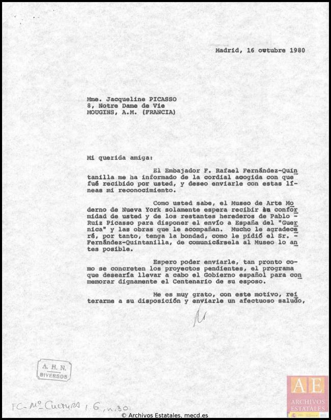 Carta de Javier Tusell a Jacqueline Picasso