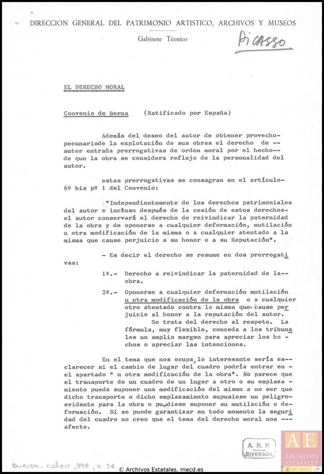 EN Informe de la Dirección General de Patrimonio Artístico, Archivos y Museos sobre los derechos morales y su legislación en relación al cuadro