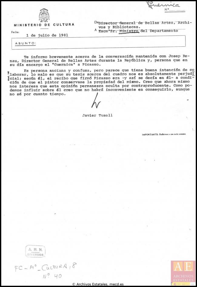 Nota interna de Javier Tusell para Íñigo Cavero