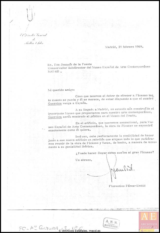 Carta de Florentino Pérez-Embid a Joaquín de la Fuente