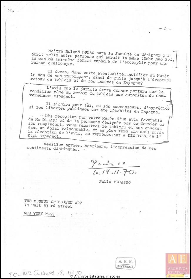 EN Carta de Pablo Picasso al MoMA