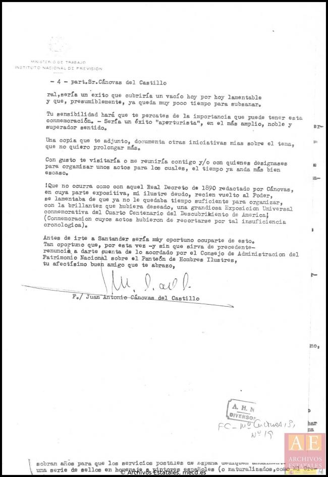 EN Carta de Juan Antonio Cánovas del Castillo a Florentino Pérez Embid