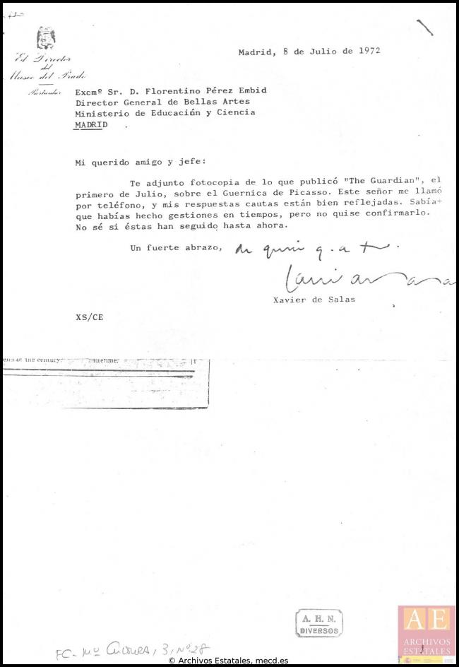 Carta de Xavier de Salas a Florentino Pérez Embid