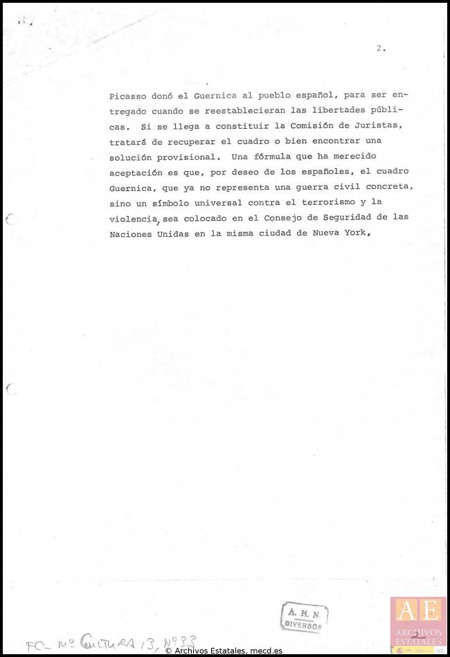 Informe sobre propiedad de Guernica  y un posible traslado a España