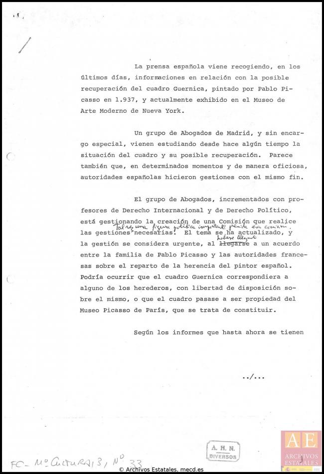 Informe sobre propiedad de Guernica  y un posible traslado a España
