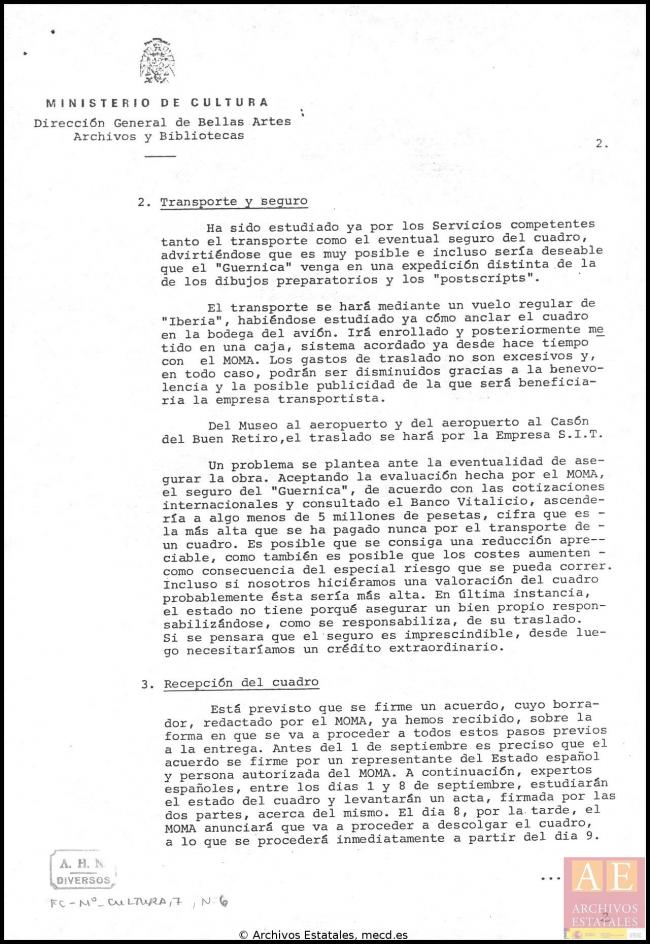 Nota recordatoria de la Dirección General de Bellas Artes, Archivos y Bibliotecas en relación a la llegada de Guernica a España