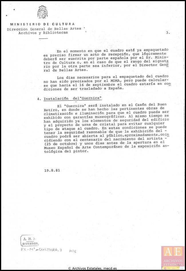 Nota recordatoria de la Dirección General de Bellas Artes, Archivos y Bibliotecas en relación a la llegada de Guernica a España