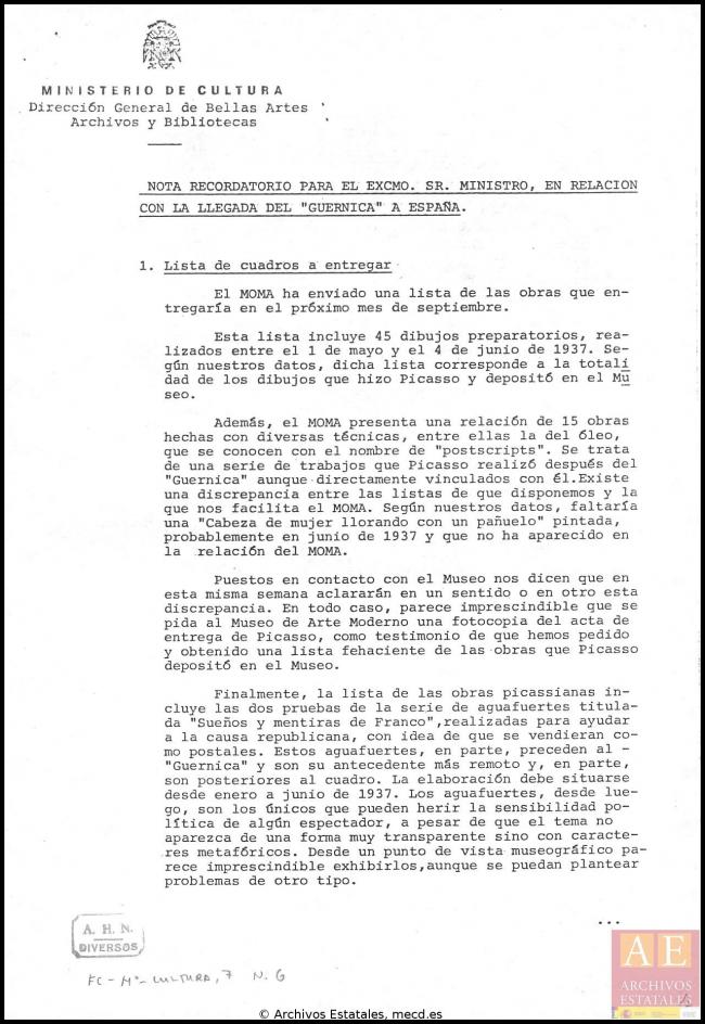 Nota recordatoria de la Dirección General de Bellas Artes, Archivos y Bibliotecas en relación a la llegada de Guernica a España
