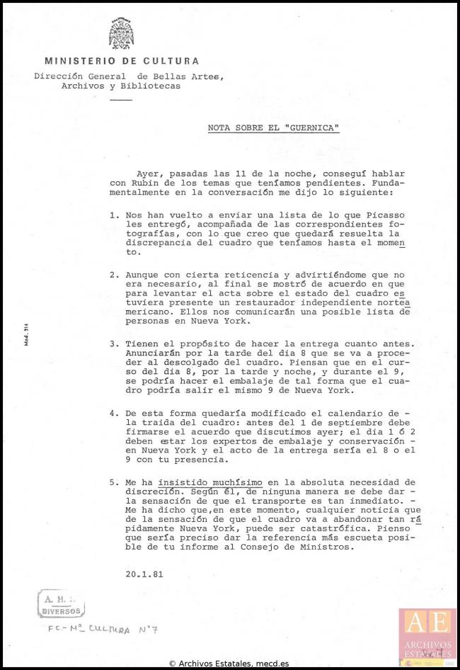 Nota de la Dirección General de Bellas Artes, Archivos y Bibliotecas sobre la conversación con William Rubin