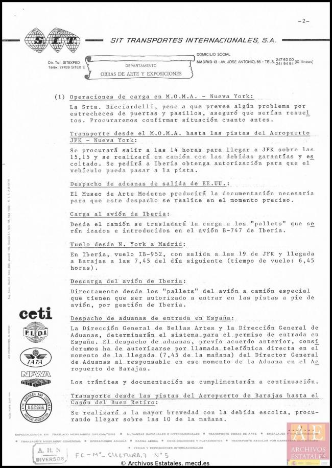 Informe de SIT para la Dirección General de Bellas Artes, Archivos y Bibliotecas sobre el traslado del cuadro