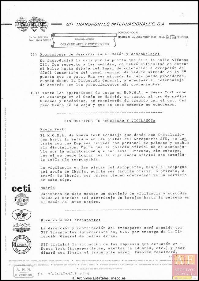 Informe de SIT para la Dirección General de Bellas Artes, Archivos y Bibliotecas sobre el traslado del cuadro