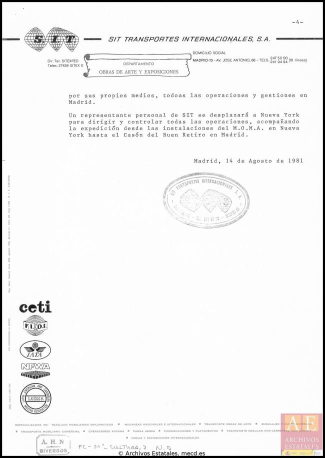 Informe de SIT para la Dirección General de Bellas Artes, Archivos y Bibliotecas sobre el traslado del cuadro