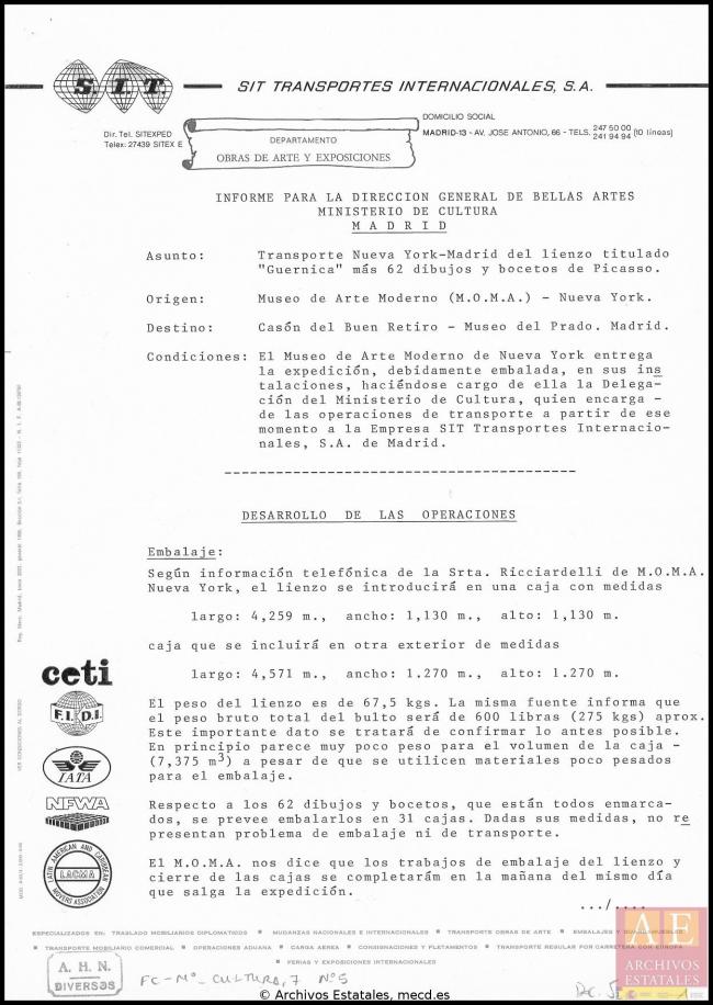 Informe de SIT para la Dirección General de Bellas Artes, Archivos y Bibliotecas sobre el traslado del cuadro