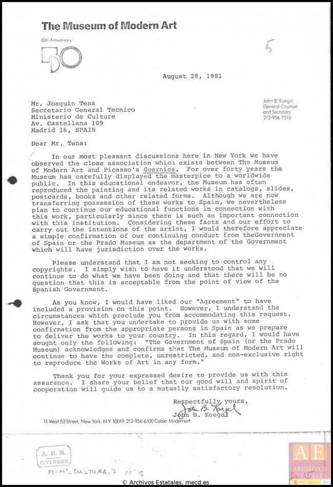 Carta de John B. Koegel a Joaquín Tena