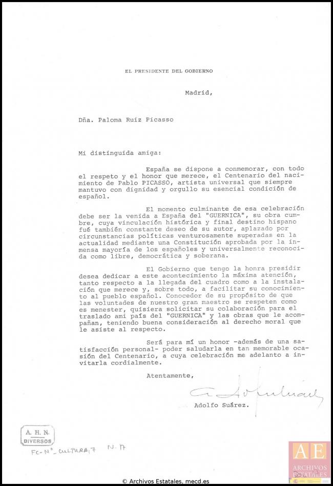 Cartas de Adolfo Suárez a los herederos de Picasso