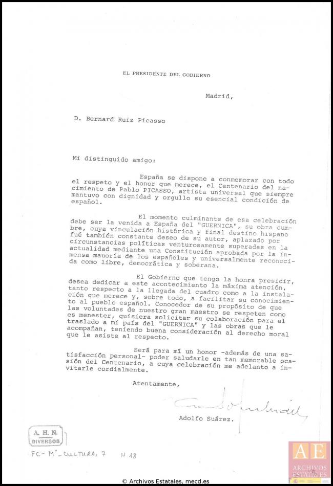 Cartas de Adolfo Suárez a los herederos de Picasso