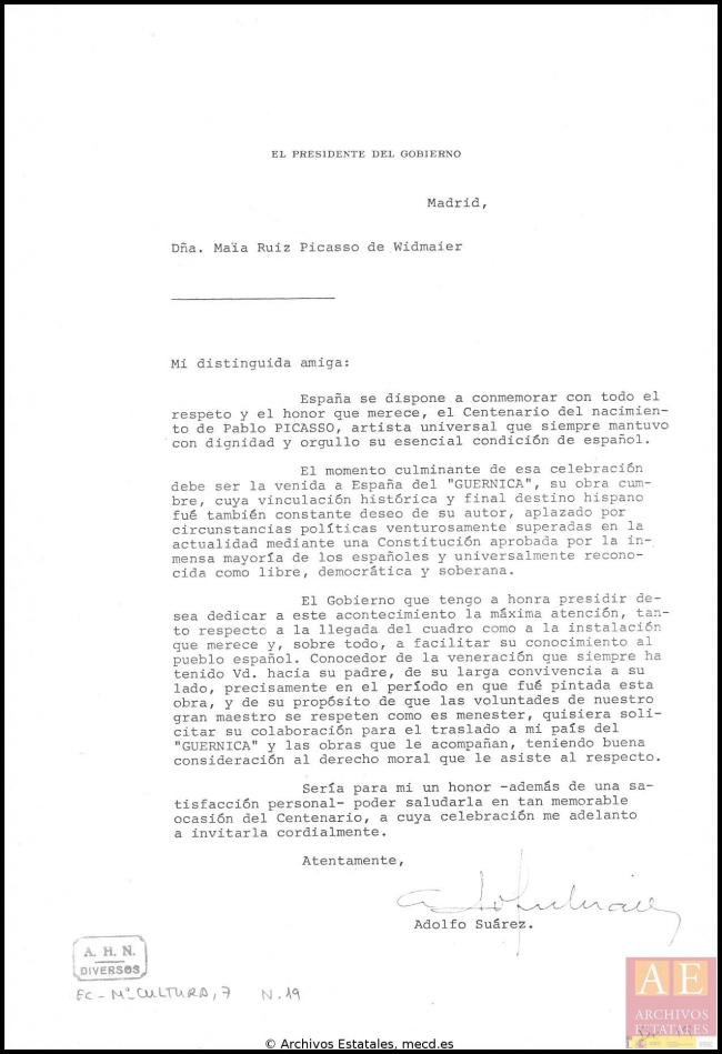 Cartas de Adolfo Suárez a los herederos de Picasso