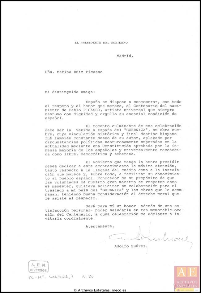 Cartas de Adolfo Suárez a los herederos de Picasso
