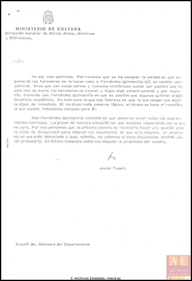 Informe de Javier Tusell, director general de Bellas Artes, sobre su viaje a Francia y la visita a los herederos de Pablo Picasso