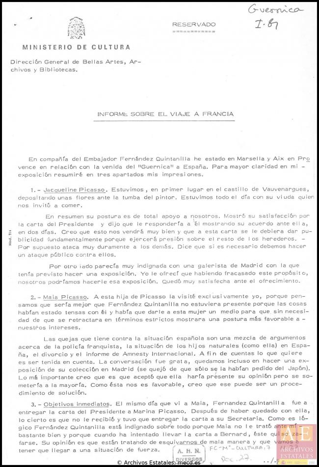 Informe de Javier Tusell, director general de Bellas Artes, sobre su viaje a Francia y la visita a los herederos de Pablo Picasso