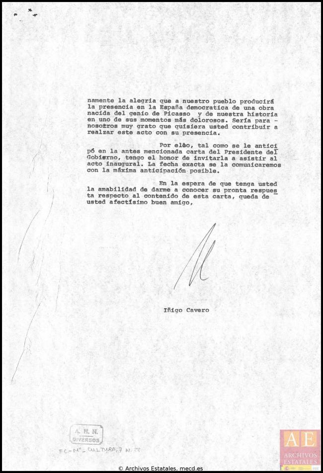 Cartas de Íñigo Cavero a los herederos de Pablo Picasso del 30 de junio de 1981