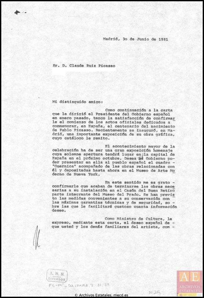 Cartas de Íñigo Cavero a los herederos de Pablo Picasso del 30 de junio de 1981